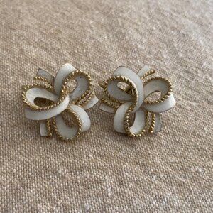 Trifari White Enamel & Gold Ribbon Clip-On Earrings
